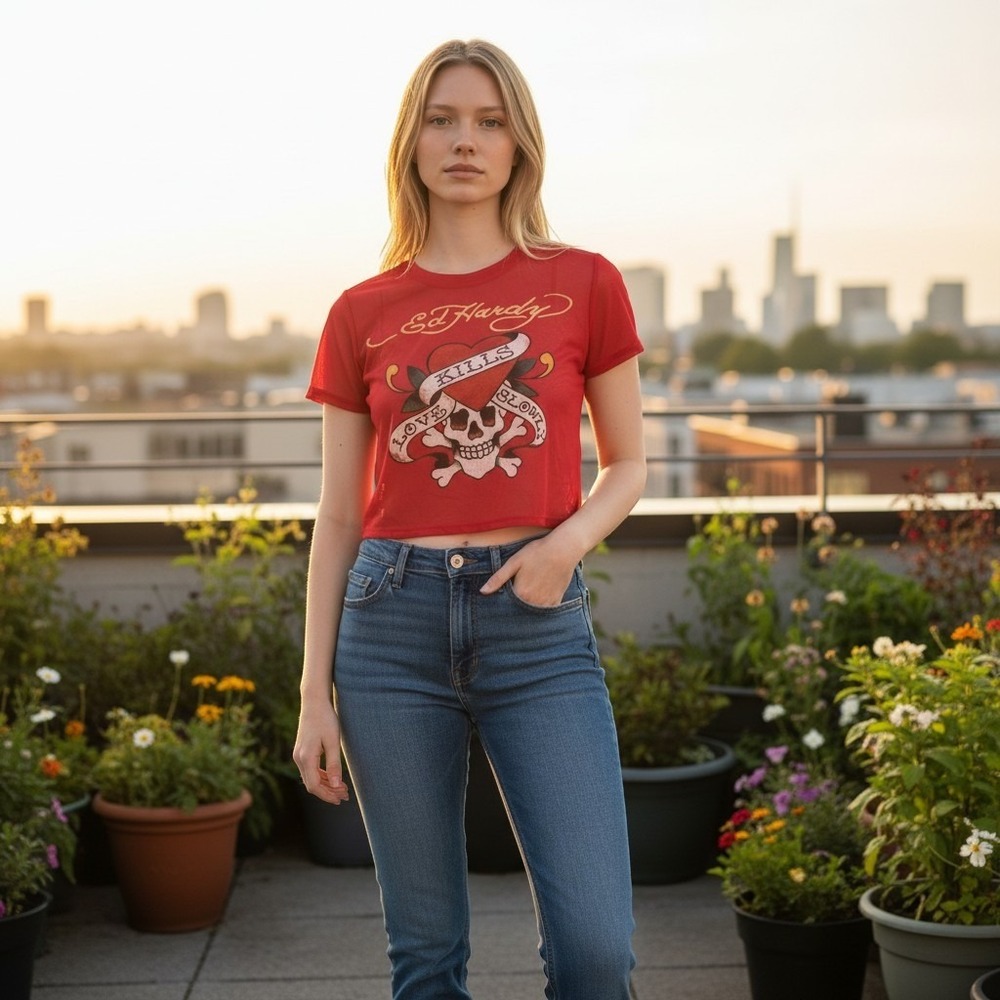 Ed Hardy Love Kills Slowly Red Mesh Baby Tee Y2K Skull Graphic Top M EHW1414-6